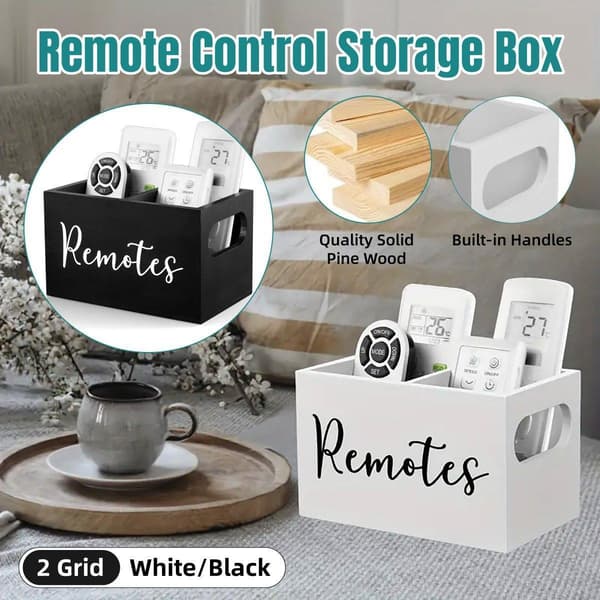 Wooden Storage Box with Compartments Remote Control Holder Desk Organizer for Home White