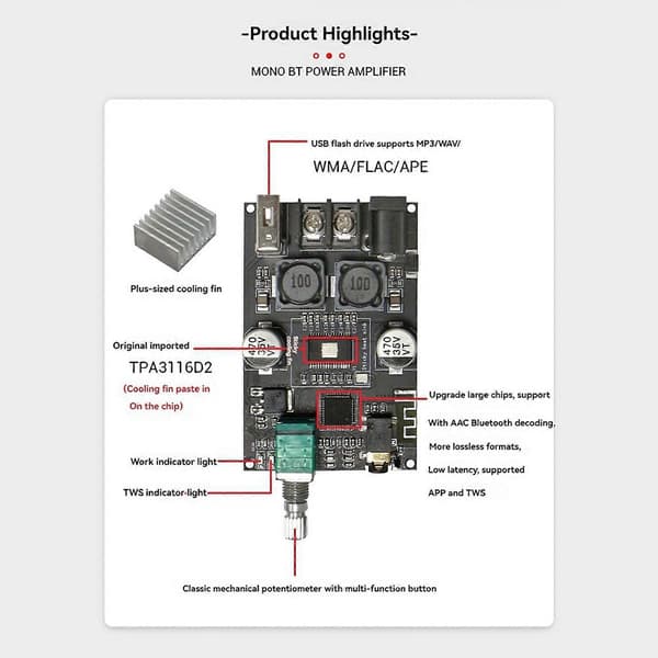 100W Bluetooth Audio Amplifier Board Module Mono Digital Power Amplifier Board with for Home Theater, 1 set