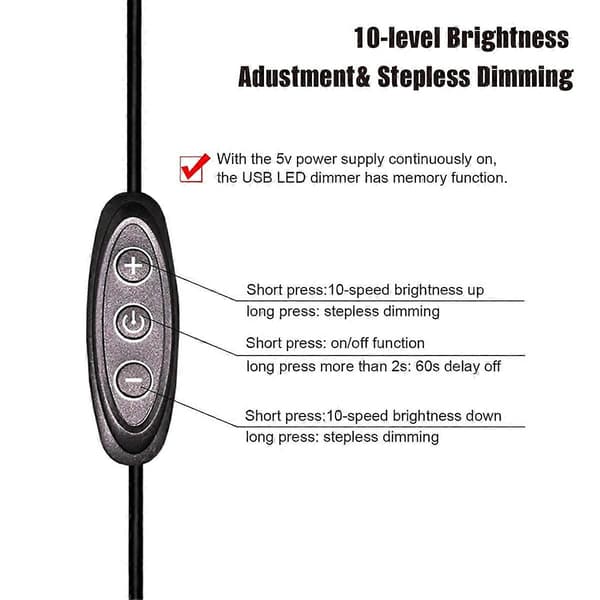 5V USB LED Dimmer Switch, 10-step dimming, female to male, 2-pack USB-powered dimmer for 5V Single