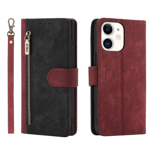 POLA Two-Tone Wallet Case with Zipper RFID Leather Red Black