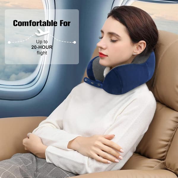 Memory Foam Travel Pillow, Adjustable & Compact Airplane Pillow, Ergonomically Designed, Includes Earplugs, Eye Mask & Storage Bag.