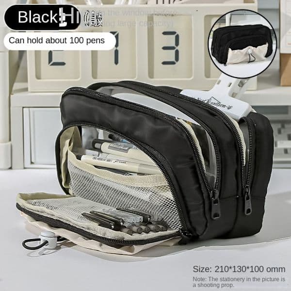 Five-layer large capacity pencil case, multi-functional pencil case, cute pen storage bag black