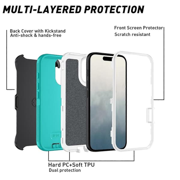For iPhone 16 Detachable Shell PC+TPU Phone Case with Back Clip Stand Multicolo