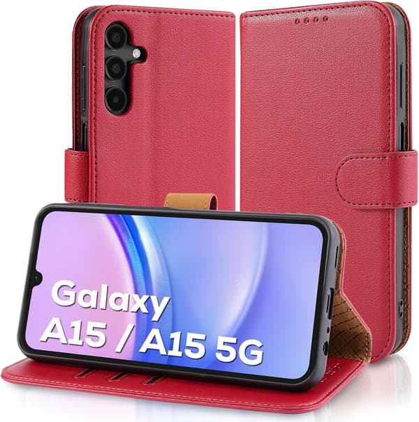 Samsung A15 Phone Case - Leather Wallet Case with [RFID Blocking] Shockproof [Kickstand] for Samsung Galaxy A15 5G Red