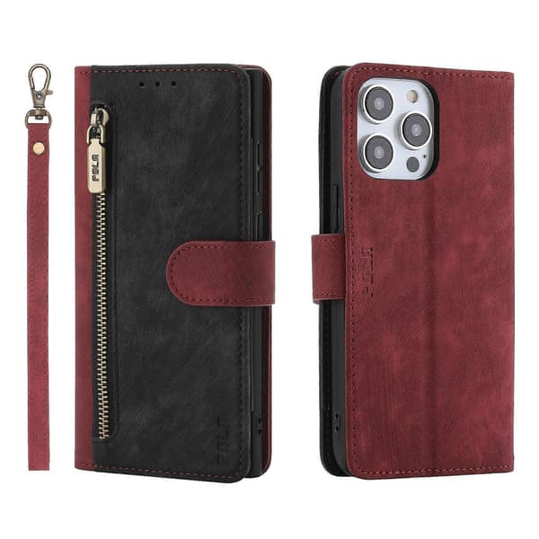POLA Two-Tone Wallet Case with Zipper RFID Leather Red Black