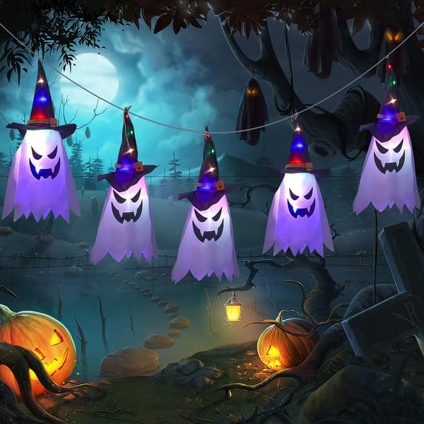Halloween Decorations Outdoor, Hanging Luminous Ghost Witch Hat with String Lights, Scary Halloween Tree Decorations Ornaments