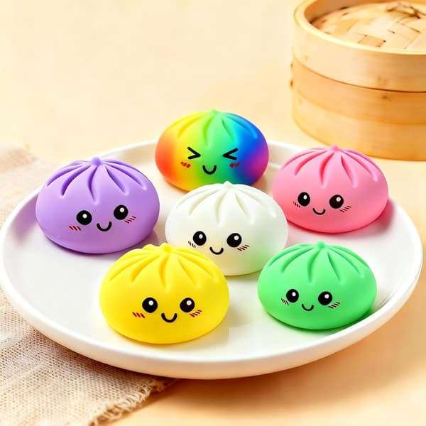 Glitter Dumpling Squishy Toy, Soft Stretchable Squeeze Ball with Steamer for Kids & Adults