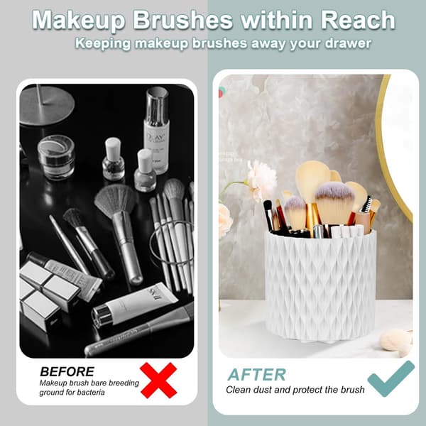 Makeup Organizer Brush Holder 360 Rotating Cosmetic Organizer Large Capacity Storage Box - White
