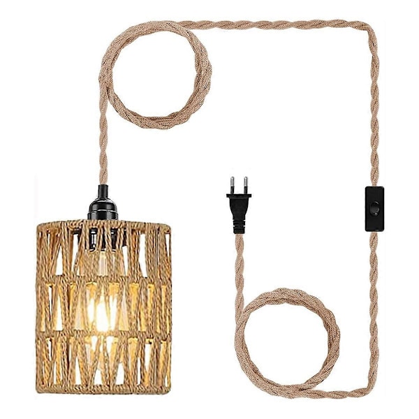 Bohemisk Stil Plug-in Hänglampa med Cylindrisk Lampskärm i Rotting, Justerbar Hänglampa med Plug-in Sladd