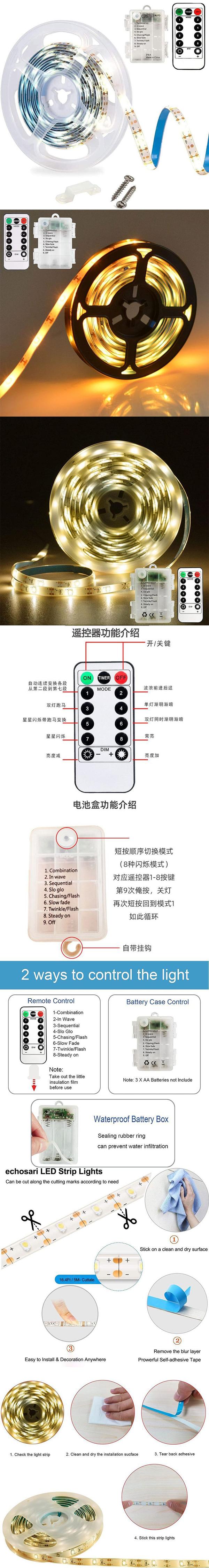 3m Battery Operated LED Strips with Remote Control, 90 LED Lights, Waterproof, 8 Modes, Dimmable, Timer, Self-Adhesive, Cuttable (Warm White)