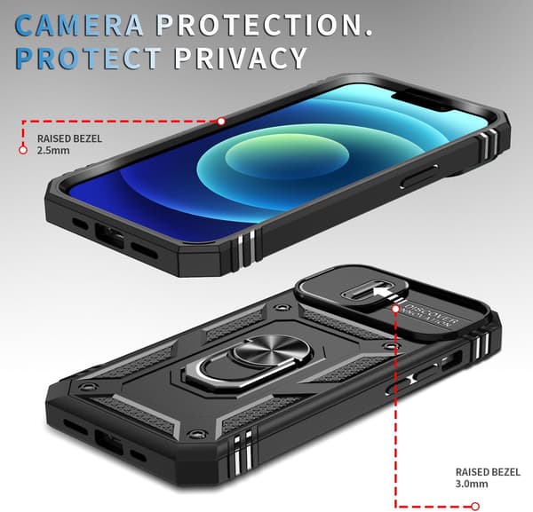 (Sort) 1. iPhone 15 Cover, Kamerahus med Roterende Ringholder til Apple iPhone 15