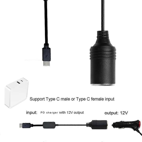 USB C PD hunn Type C hann til 12V biluttak strømkabel med spenningsdisplay