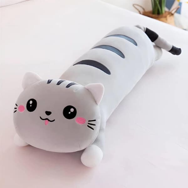 Lang plys kattepude, grå squishy pude til at sove, lang kat