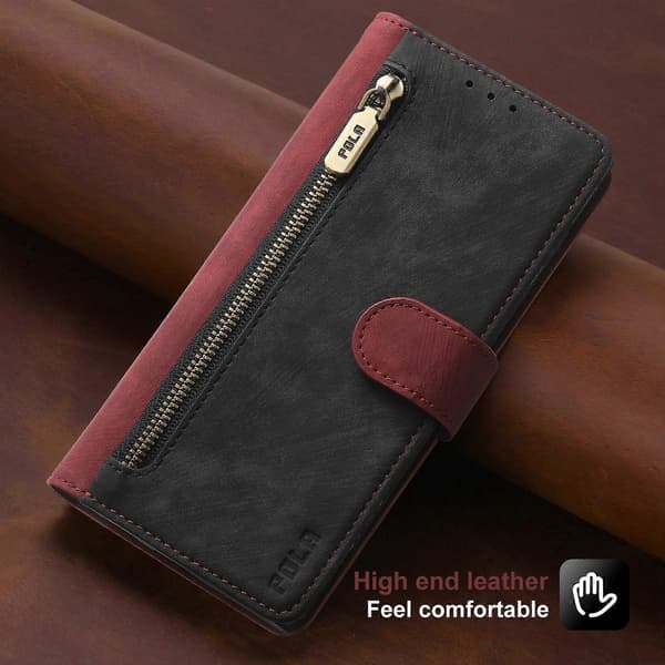 POLA Two-Tone Wallet Case with Zipper RFID Leather Red Black