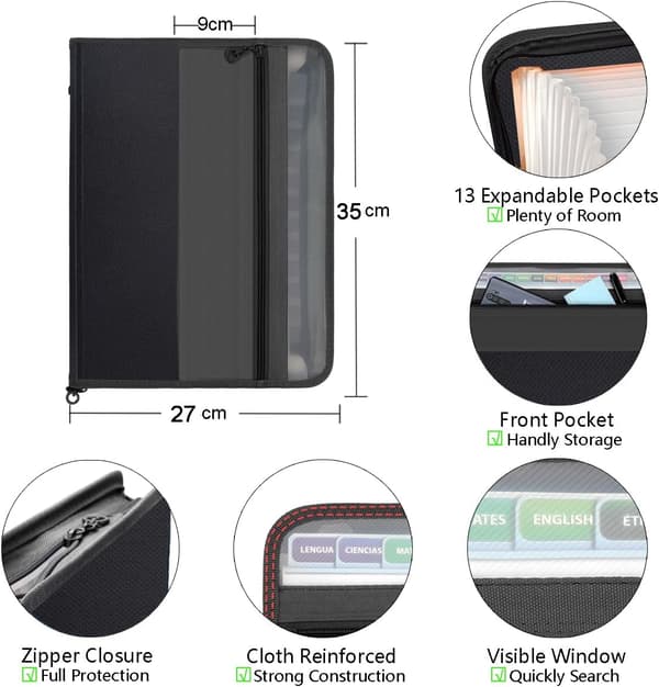 13-Pocket Expandable File Folder with Zipper, A4 Plastic Document Organizer with Practical Front Pocket for Personal Office Storage - Black