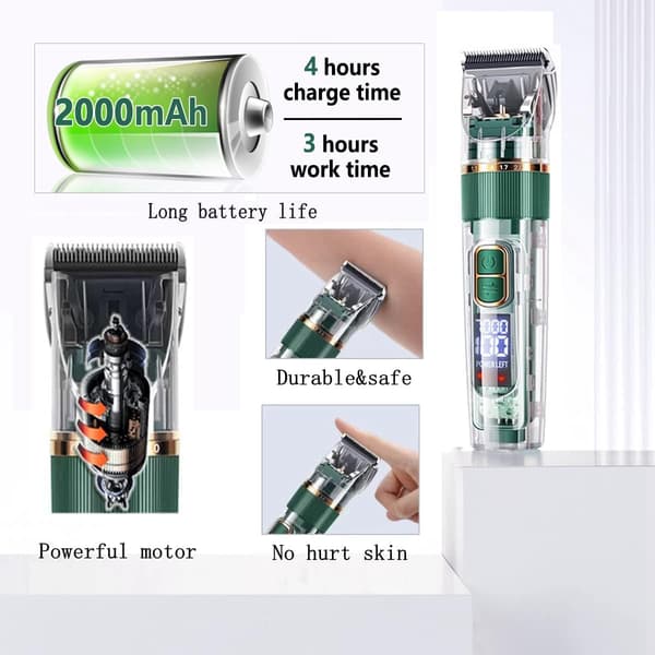Hundtrimmer, hundtrimmerkit med LED-display, tystgående kraftig pälstrimmer (grön)