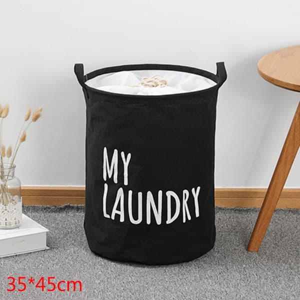Foldable Laundry Basket with Drawstring Large Capacity Waterproof Clothes Storage Basket for Home Bathroom Bedroom Black 35*45CM