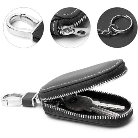 Genuine Leather Car Key Case, Remote Control Car Key Holder Pouch, with Zipper for Men (Black)
