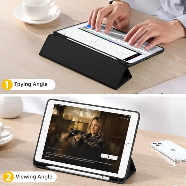 iPad Case for iPad 7th/8th/9th Generation Black with Pencil Holder, Protective Case with Soft TPU Back