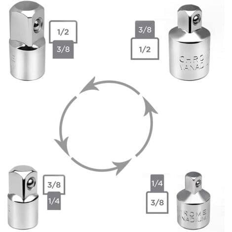 4 stk. skraldeadaptere Sæt med adaptere Skraldeadapter 1/2\" til 3/8\", 3/8\" til 1/2\", 1/4\" til 3/8\", 3/8\" til 1/4\" Reduktionsadaptere til ...
