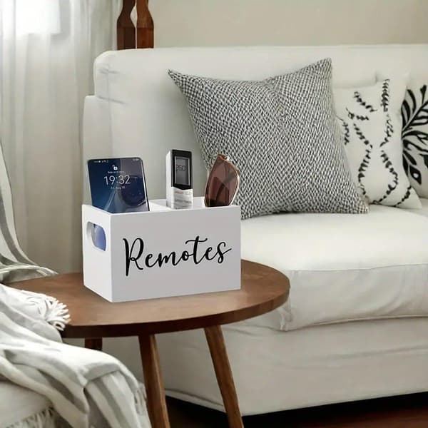 Wooden Storage Box with Compartments Remote Control Holder Desk Organizer for Home White