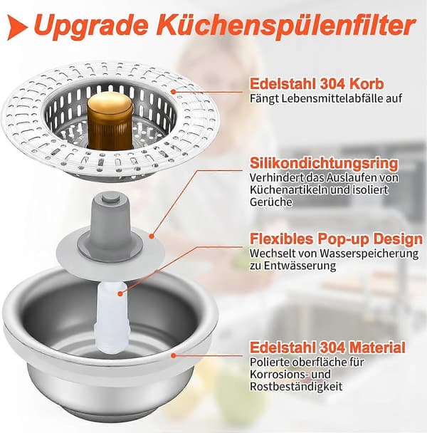 Universal afløbssi 3-i-1 PopUp, rustfrit stål, passer til 76-81 mm hul, dybde > 40 mm