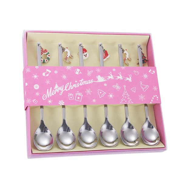Julkaffeskedar, 6-pack julskedar i silver, rostfritt stål, dessertteskedar med julhängen, julgran, älg, hatt, bjällror (silver)
