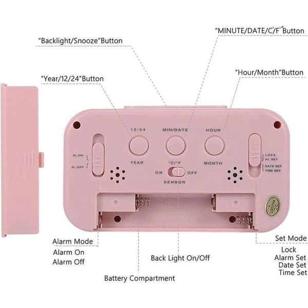 11 cm batteridriven digital väckarklocka för sovrum, LCD sängväckarklocka med larmpåminnelse (rosa)