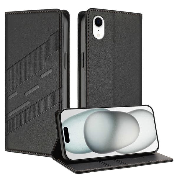 Case for iPhone XR, Soft PU Leather Folio Flip Shockproof Phone Case - Dark Green