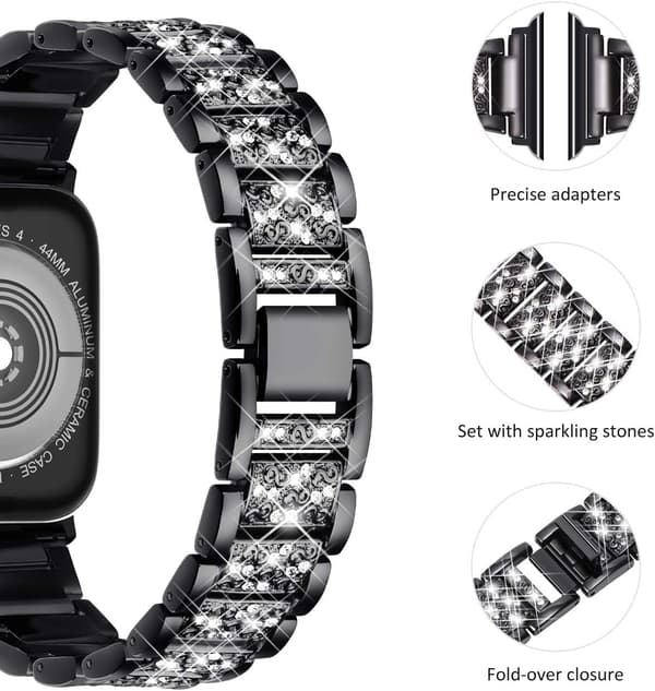 (Bling sort) Kompatibel med Apple Watch-rem 42/44/45/49mm, kvinders glitrende Bling krystal rustfrit stål linkrem erstatning