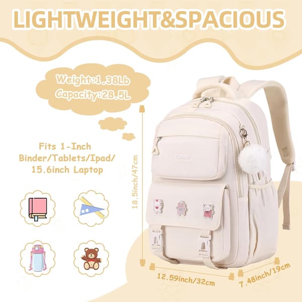 Girls' Backpack, Kids' Backpack with Anti-Theft Back Pocket, Lightweight School Backpack, Elementary School Bag Beige Beige