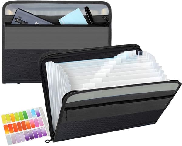 13-Pocket Expandable File Folder with Zipper, A4 Plastic Document Organizer with Practical Front Pocket for Personal Office Storage - Black