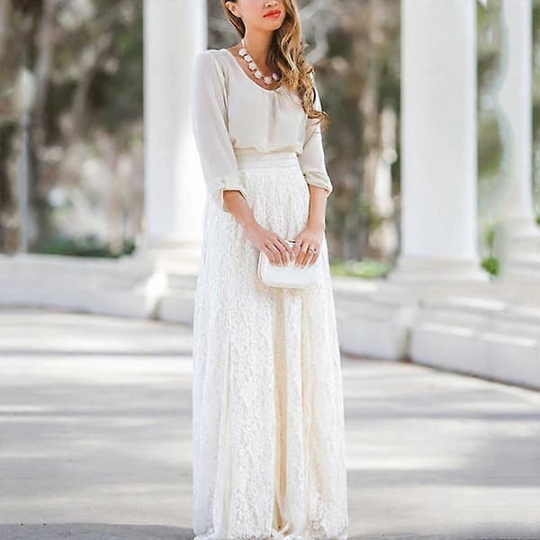 Maxi lang blonde full boho skjørt plissert strand tyll elegant S-XL hvit for kvinner