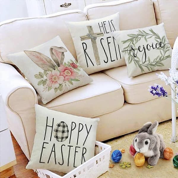 Pillowcase Four-Piece Set Easter Decorations Floral Rabbit Plaid Eggs He Is Risen 45x45 cm Spring Country Decor