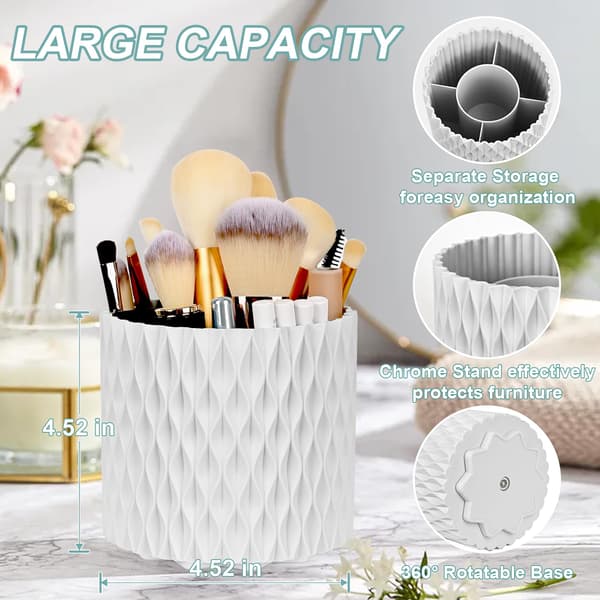 Makeup Organizer Brush Holder 360 Rotating Cosmetic Organizer Large Capacity Storage Box - White