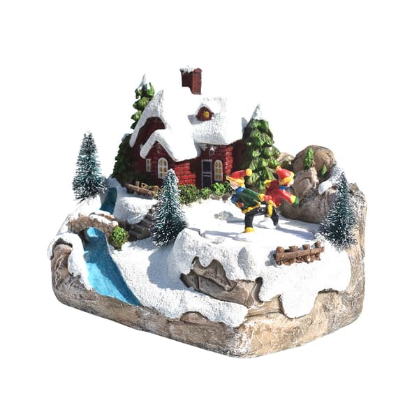 Julebyhus, LED-belyst vinterjuleby og miniatyrjulefigur A style ski