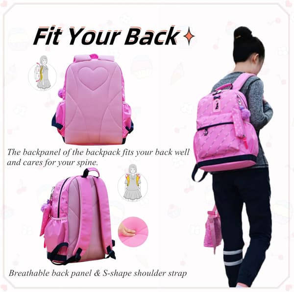 Heart Print Bow Backpack Set Elementary School Bag Travel Backpack Shoulder Bag Girls Backpack