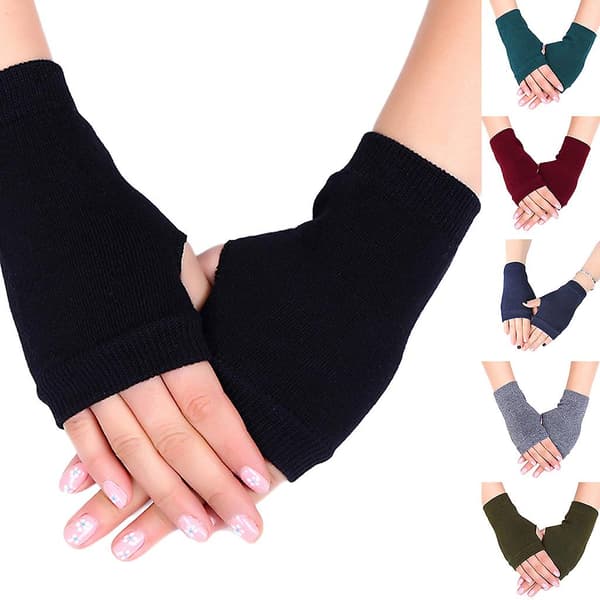 Fingerless Gloves Stretchy Knitted Thumb Hole Mittens Solid Color Short Hand Warmers 3