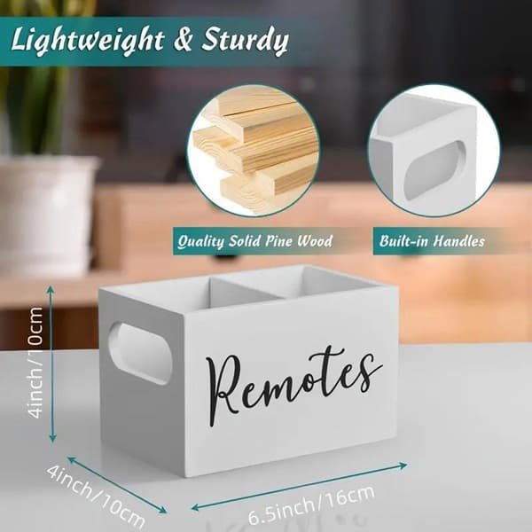 Wooden Storage Box with Compartments Remote Control Holder Desk Organizer for Home White