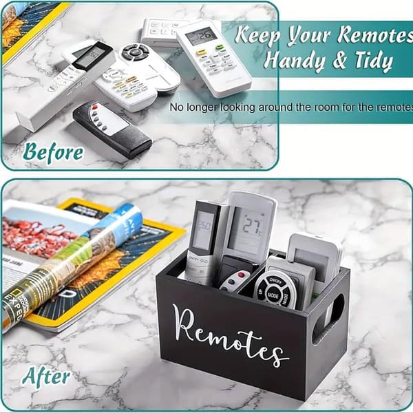 Wooden Storage Box with Compartments Remote Control Holder Desk Organizer for Home White