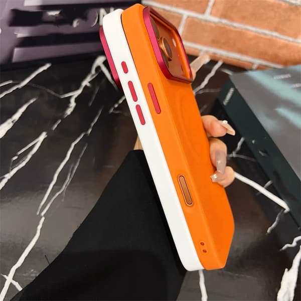 Magnetic Diamond Leather Case for iPhone 17 Pro - Wireless Charging Shockproof Hard Back Cover with Premium Texture (Orange) 17pro