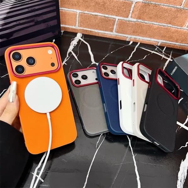Magnetic Diamond Texture Case for iPhone 17 - Wireless Charging Shockproof Leather Hard Back Cover for iPhone 17 (Orange) 17