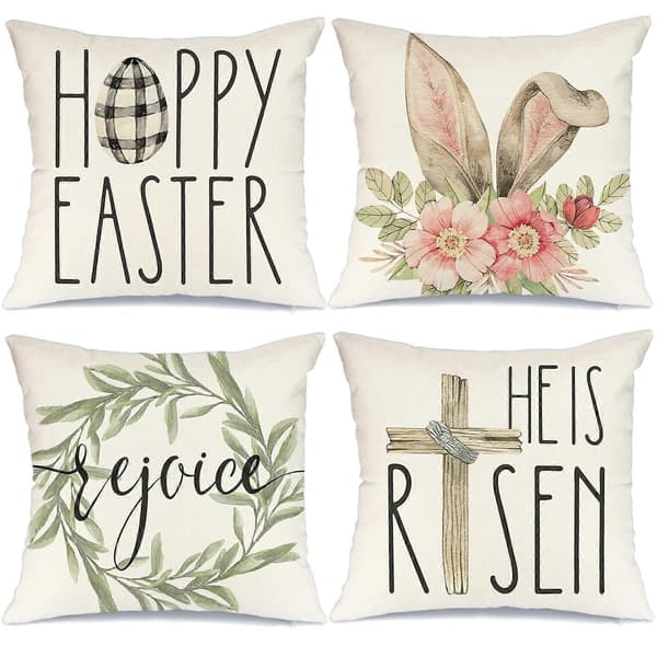 Pillowcase Four-Piece Set Easter Decorations Floral Rabbit Plaid Eggs He Is Risen 45x45 cm Spring Country Decor