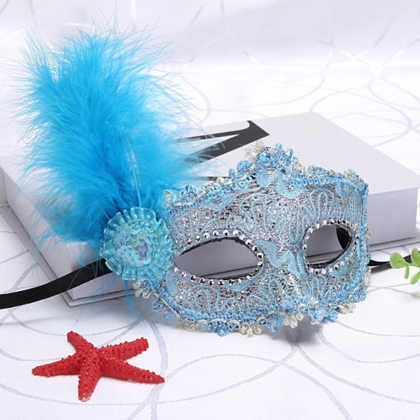 Frozen Lace Feather Mask Maskerad Party Princess Vuxen Mask Fancy Show Mask blue