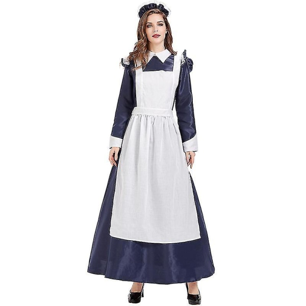 Mörkblå långärmad europeisk och amerikansk Retro Court Maid Dress Western House Maid Dress Tea Party Party Dress High Quality L