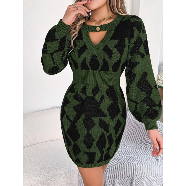 Liooil Lantern Sleeve Print Kort stickad tröja Klänning Dam Robe Höst Vinter 2023 Nytt i stickade plagg Ihåliga Sexiga Miniklänningar Army Green S