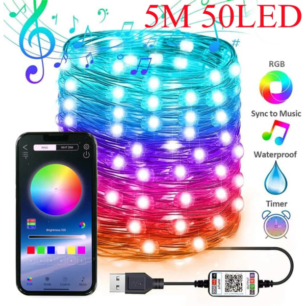 Smart RGB Christmas Fairy String Light APP Bluetooth Kontroll Vattentät USB Koppartråd Lampor 16 färger Nyårsdekoration 5M 50LED