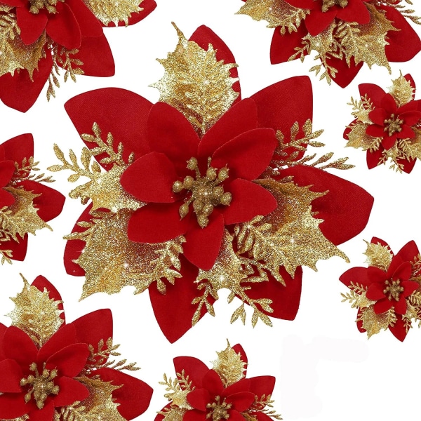 10 STK 14cm Glitter konstgjorda julblommor julgransprydnader God julpynt till hemmet Nyårspresent Navidad Red