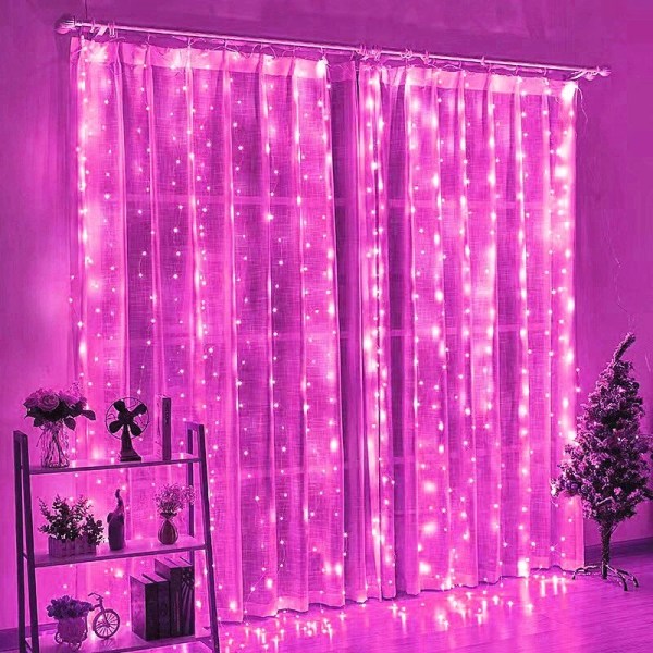 LED Gardin Istappar Strängljus Jul Fairy Lights Dekoration 3m Fjärrkontroll USB Bröllopsgirland för Sovrumsfest Hem 6x2M Pink