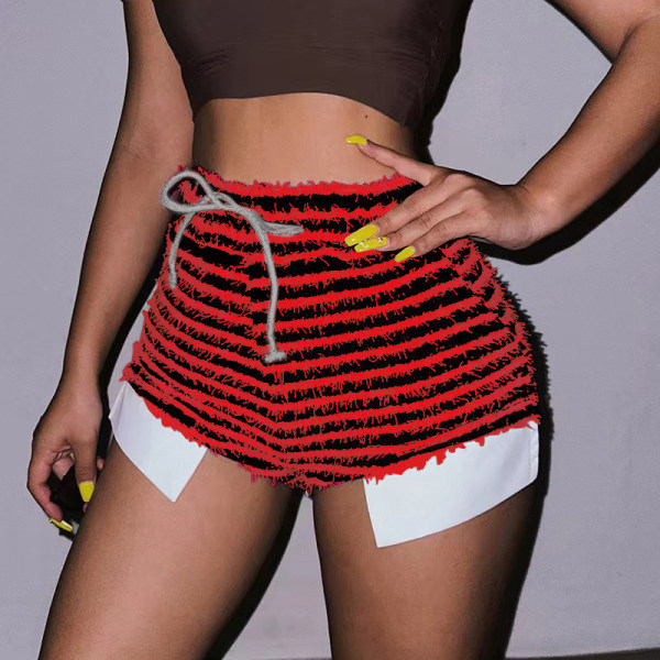 Texturerade randiga dragsko med hög midja supershorts fashionabla heta tjejer casual matchbyxor för kvinnor red M